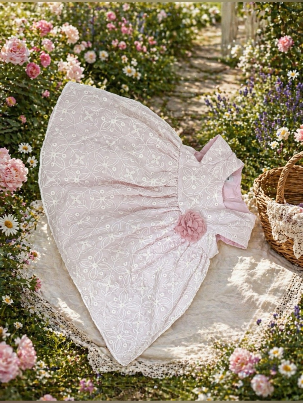 Pink Floral Embroidered Baby Dress with Flower Applique